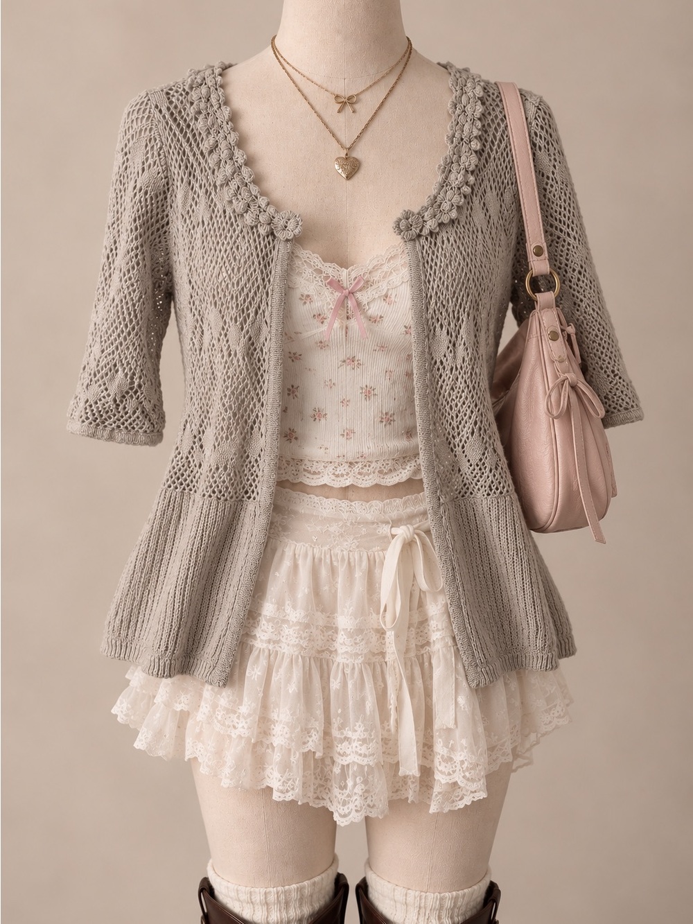 Christopher & Banks Light Gray Open-Knit Peplum Cardigan